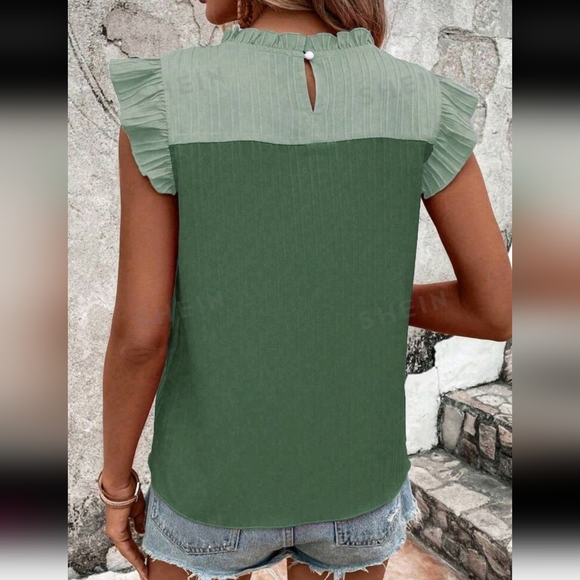SHEIN VCAY Women's Color Block Ruffle Trim Casual Summer Holiday Shirt - Picture 2 of 2
